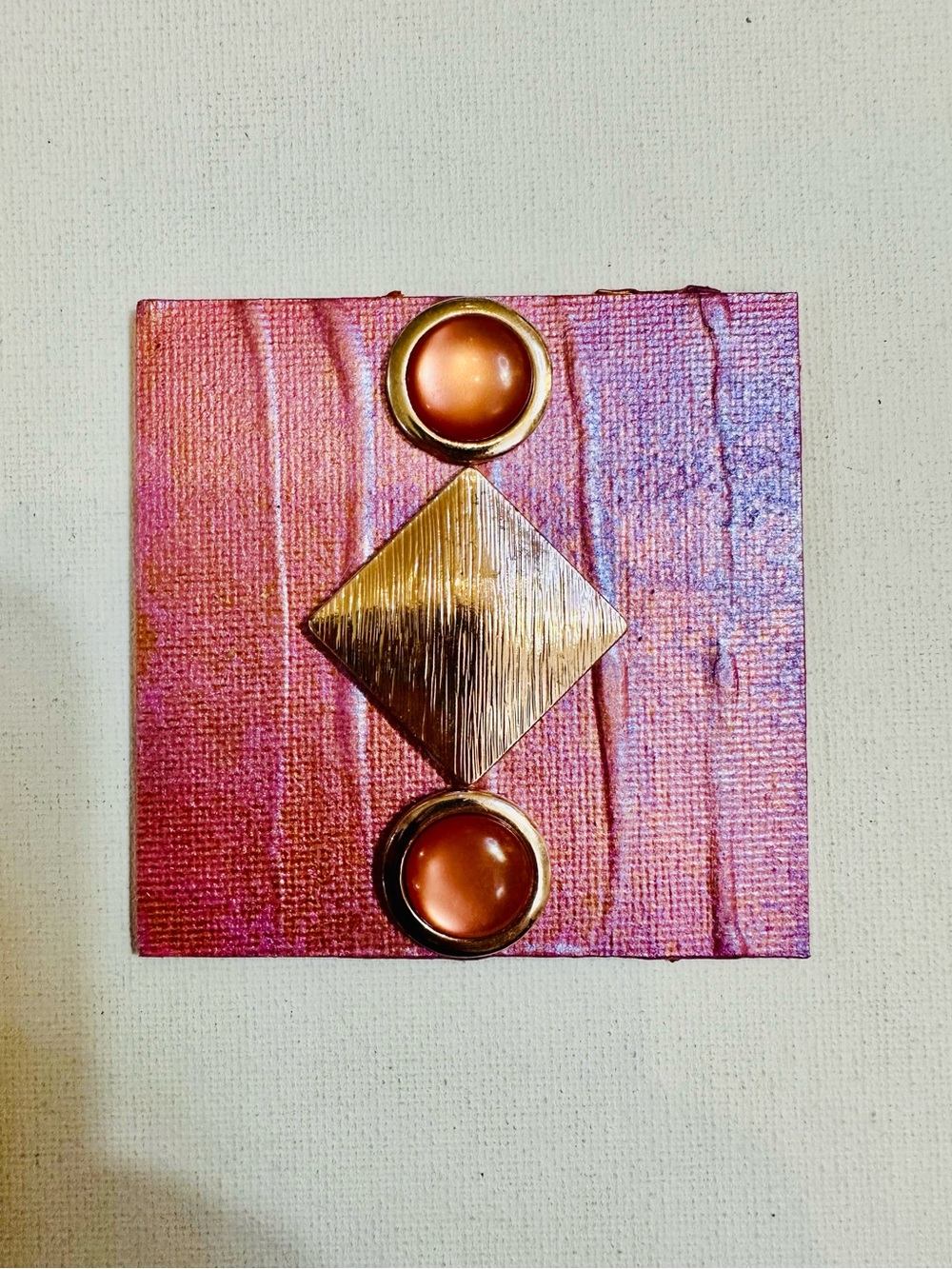 Handmade 3x3 Mixed Media Magnet Pink Gold Geometric Statement Art